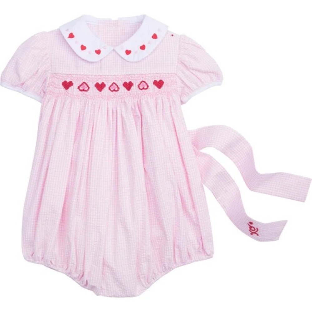 Little English Valentine Hearts Smocked Peter Pan Bubble NWOT